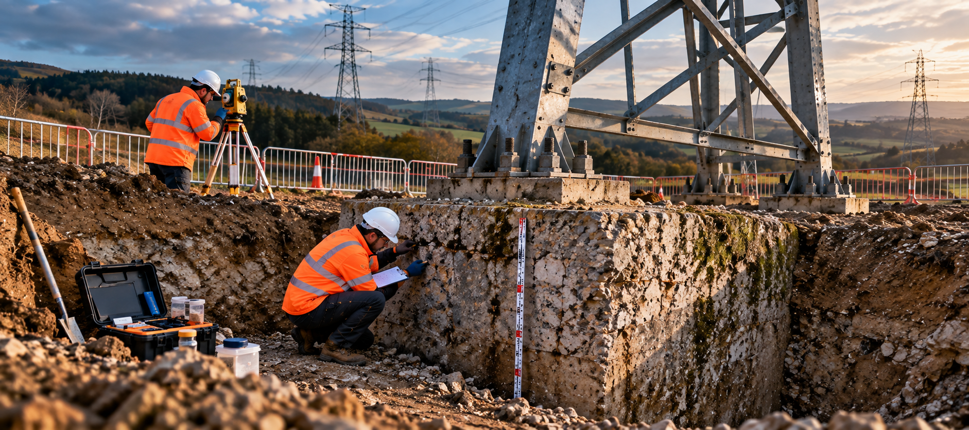Existing transmission tower foundation exposed for inspection, measurement and condition assessment