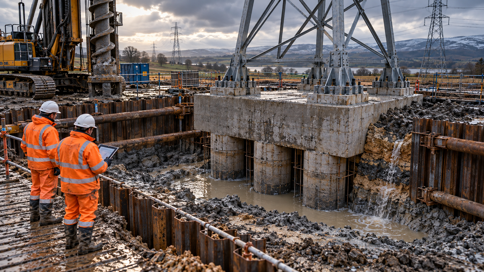 Transmission foundation works in challenging ground conditions with groundwater, excavation support, drilling plant and site inspection